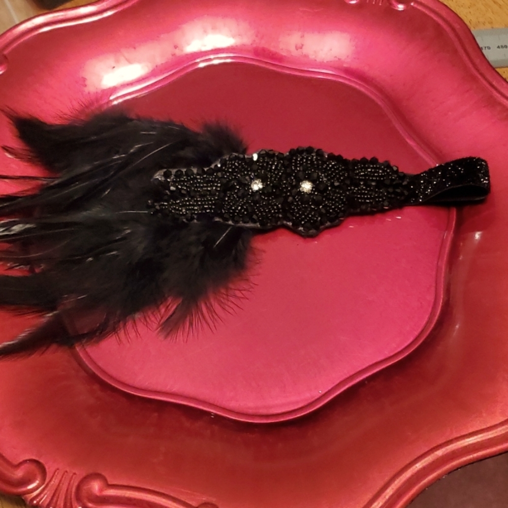 20's headband. Black beaded with stone and feather accents. Great Gatsby style.